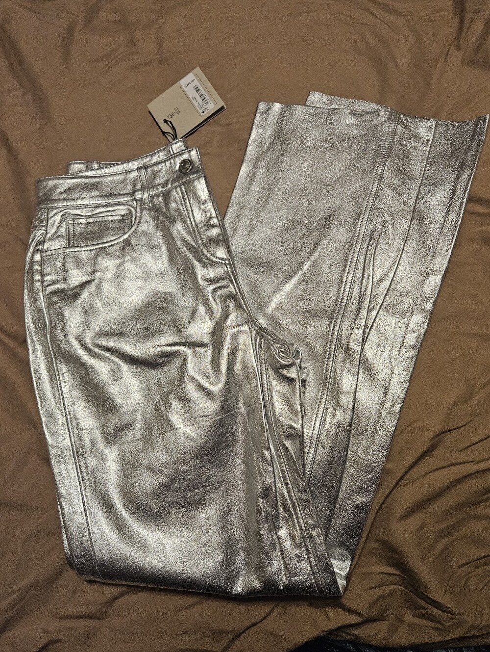 Allsaints Saige Foil Leather Pants Silver Size 2 NWT